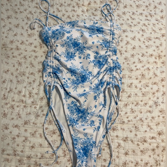 Blue Floral Ruched Swimsuit - Picture 1 of 9